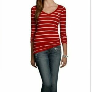 Abercrombie & Fitch Women's Red Striped V-Neck Long Sleeve Top